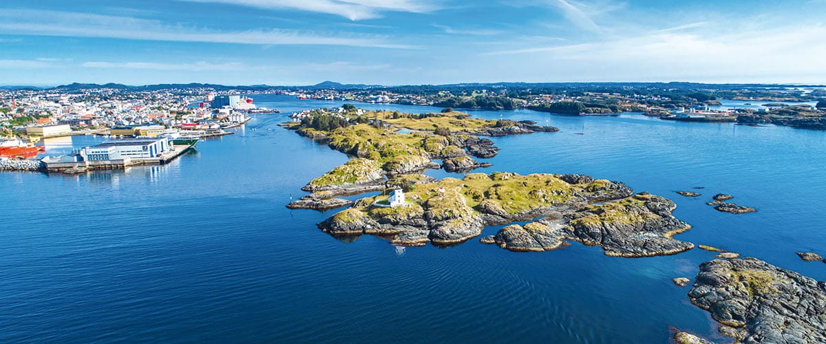 An aerial view of the rugged coastline of Haugesund, Norway